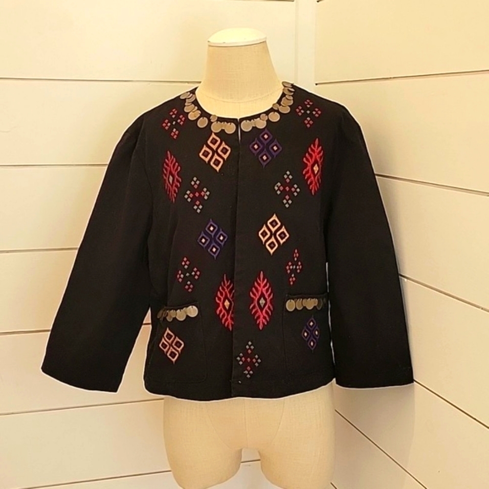 RUBY RD size 16 black cropped jacket with metal adornments and embroidery